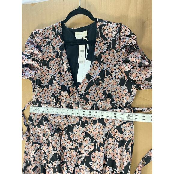 ANTHROPOLOGIE DRESS CABALLERO WRAP MIDI METALLIC FLORAL BLACK CORAL TAN FALL - Picture 15 of 16